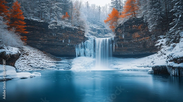 Fototapeta Frozen Waterfall Winter Wonderland Scene Majestic Nature Ice Blue Water icy snow cold trees rocks   