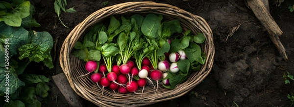 Fototapeta Organic Harvest of Crisp Red Radishes,
Farm-Fresh Radishes in a Rustic Woven Basket