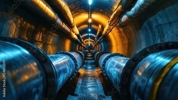 Fototapeta A network of underground pipelines used for district heating, with insulated steel pipes running through a dark industrial tunnel. High-quality 4K photograph