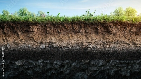 Fototapeta A natural soil profile cross-section showing multiple layers of earth formation, from dark fertile topsoil to compacted bedrock. High-detailed 4K photography