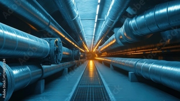 Fototapeta A network of underground pipelines used for district heating, with insulated steel pipes running through a dark industrial tunnel. High-quality 4K photograph