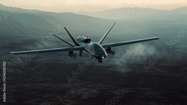 Fototapeta A next-gen stealth drone flying over a battlefield, scanning terrain with AI-enhanced infrared vision, connected to a global military network. Ultra-sharp 4K photography