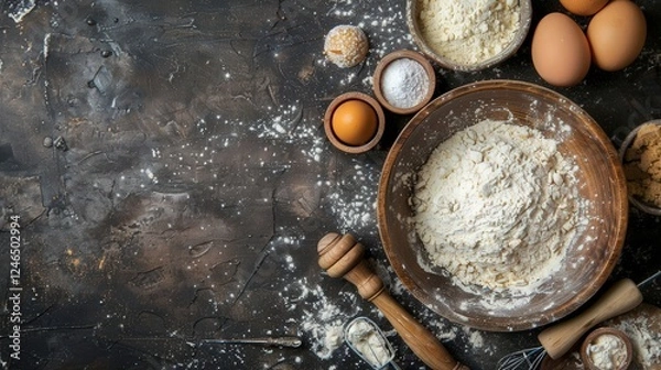 Fototapeta Rustic kitchen setup with wooden bowls of flour, eggs, and baking tools. Represents the process of creating traditional pastries with a focus on simplicity and natural preparation...