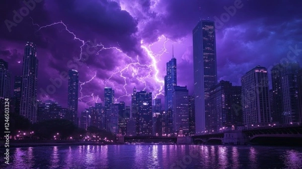 Fototapeta A powerful 4K storm photograph capturing intricate lightning patterns in a violet-hued sky above a modern urban skyline at night