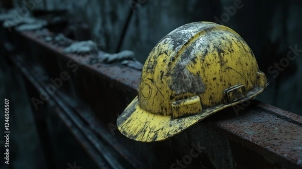 Fototapeta A realistic 4K close-up of a weathered yellow hard hat covered in dust, placed on a rusted steel beam inside a hollow, unfinished structure