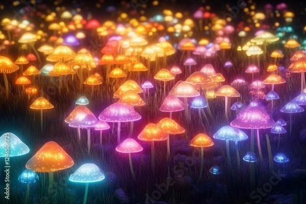 Fototapeta Vibrant bioluminescent mushrooms illuminate a mystical forest pathway during twilight hours