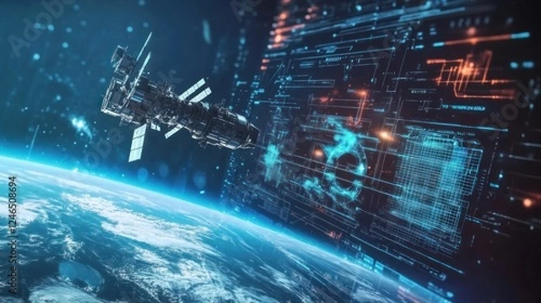 Fototapeta A satellite defense system scanning Earth's surface, detecting potential threats with high-tech AI surveillance and holographic war maps. Photorealistic 4K photography.