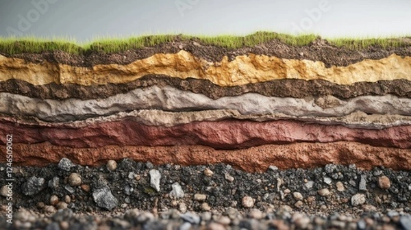 Fototapeta A scientific geological cross-section displaying soil stratification, complete with realistic moisture gradients and mineral deposits. Ultra-sharp 4K photography