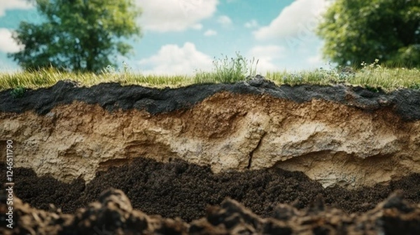 Fototapeta A soil erosion-exposed cross-section revealing distinct geological layers, from surface vegetation to deep bedrock formations, with photorealistic textures. Ultra-sharp 4K photography.