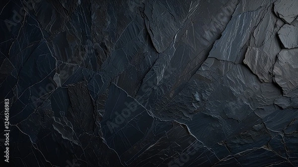 Obraz Dark blue slate rock texture background with rough, cracked layers of stone, creating a natural, rugged surface. Ideal for nature, geology, or abstract design projects