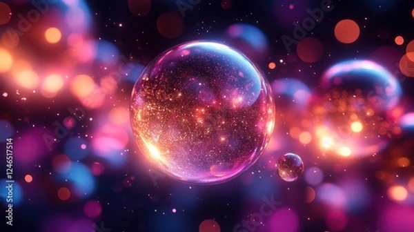 Fototapeta Cosmic Spheres: A vibrant abstract artwork showcasing glowing orbs filled with glittering galaxies, set against a backdrop of colorful bokeh lights.  Digital art, universe, fantasy.