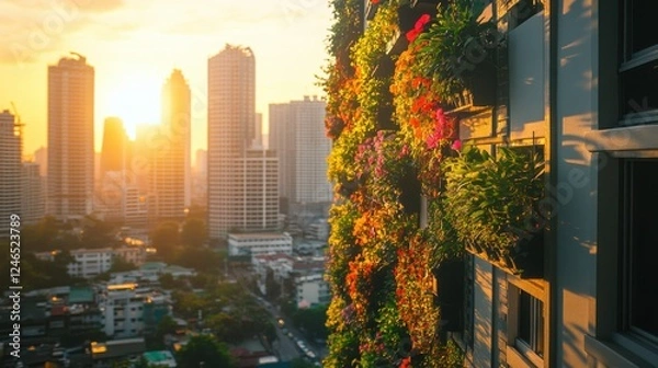 Fototapeta Vibrant Vertical Garden with Cityscape at Sunset in Urban Setting