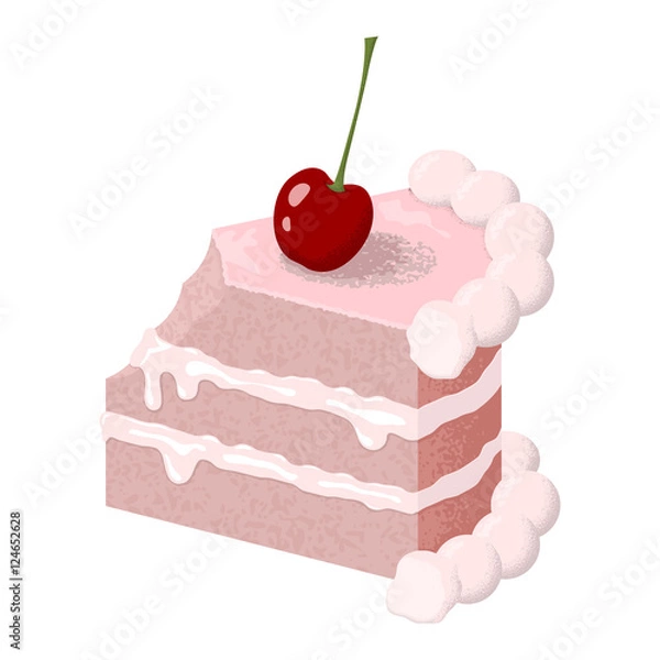Obraz Illustration of creamy slice of cake with a piece bitten off. Isolated on white