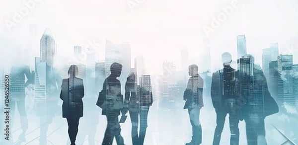 Fototapeta Double exposure of a diverse group of business professionals with a light blue cityscape backdrop. Abstract business concept blending urban environment with people, with soft light rays and shadow