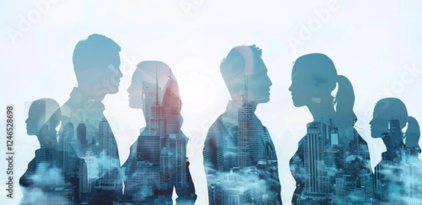 Fototapeta Double exposure of a diverse group of business professionals with a light blue cityscape backdrop. Abstract business concept blending urban environment with people, with soft light rays and shadow