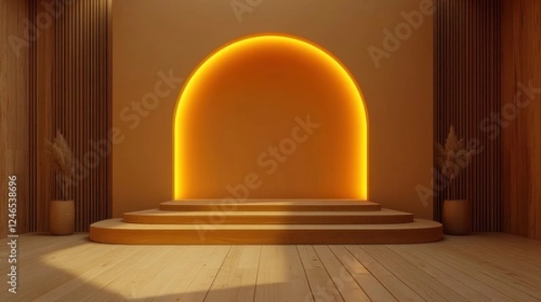 Fototapeta Luxury golden podium with circular lights for elegant product presentations
