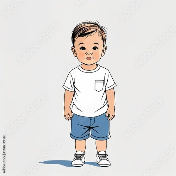 Fototapeta Toddler Boy Standing image in a simple hand drawing flat line design on plain white background