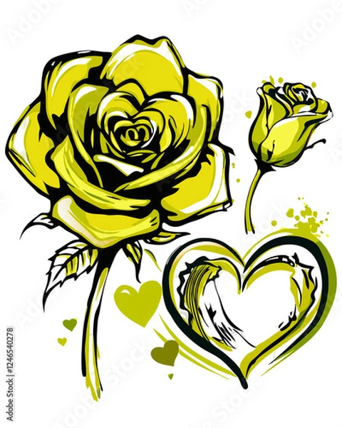 Fototapeta Golden Rose with Hearts: A vibrant yellow rose, symbolic of friendship and new beginnings, is depicted in an artistic style with hearts and abstract splatter paint.