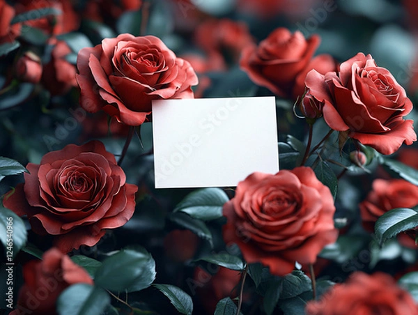Fototapeta a wooden table with red roses and rose petals scattered around. There is a blank card placed in the center of the roses.