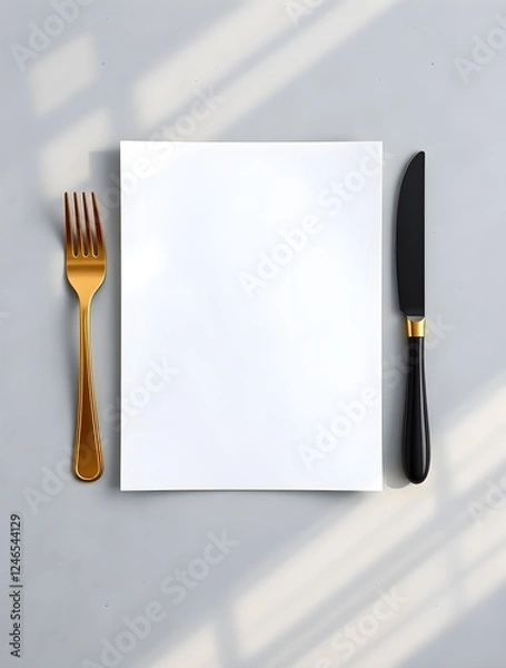Fototapeta stock photo overhead view, warm golden hour light, blank white menu mockup surrounded by bread, olive oil, and wheat