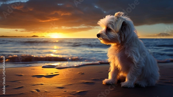 Obraz Little White Dog Watching Ocean Sunset