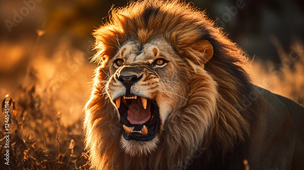 Obraz Powerful Lion Roaring on the Sunset Savanna