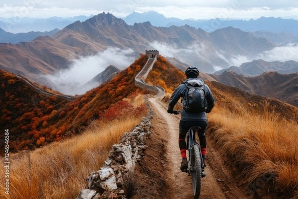 Fototapeta A cyclist riding along a rugged section of the Great Wall, combining adventure with breathtaking views