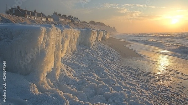 Obraz Frozen coastal houses sunset winter ocean beach landscape