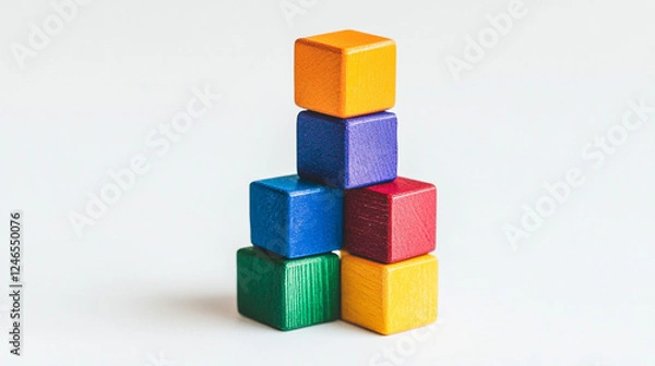 Obraz Stacked colorful wooden cubes arranged geometrically, educational toy concept symbolizing learning, problem-solving, and child development