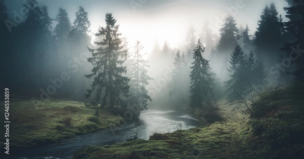 Fototapeta Mystical fog covering a dense forest in the early morning. Tall trees fade into the mist, creating a peaceful and atmospheric scene. The soft light and dreamy haze make this perfect for nature, travel