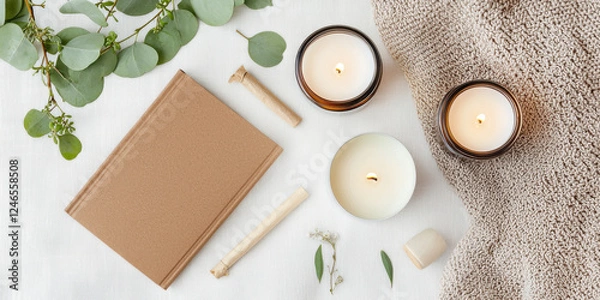 Fototapeta cozy flat lay featuring neutral book, candles, and greenery, creating serene atmosphere perfect for relaxation and mindfulness