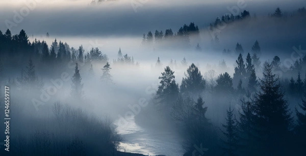 Fototapeta Mystical fog covering a dense forest in the early morning. Tall trees fade into the mist, creating a peaceful and atmospheric scene. The soft light and dreamy haze make this perfect for nature, travel