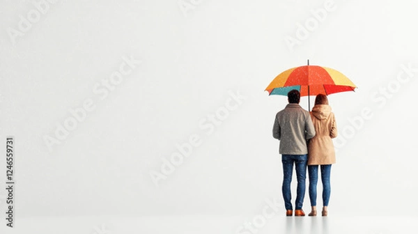 Obraz couple stands under colorful umbrella in rain, sharing moment of warmth and connection