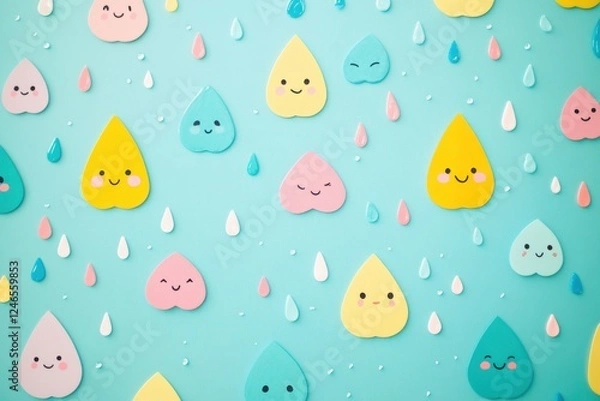 Fototapeta Colorful raindrop characters with happy faces on a playful blue background