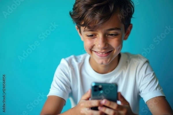 Fototapeta Boy is smiling while looking at his cell phone