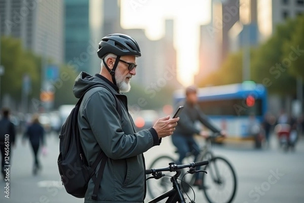 Fototapeta Man is looking at his phone while standing on street