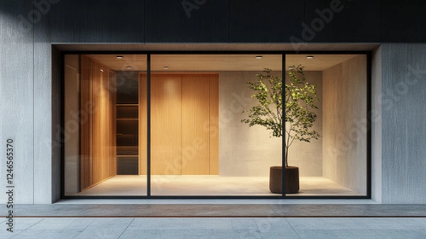 Fototapeta Modern shop window showcasing minimalist design with potted plant