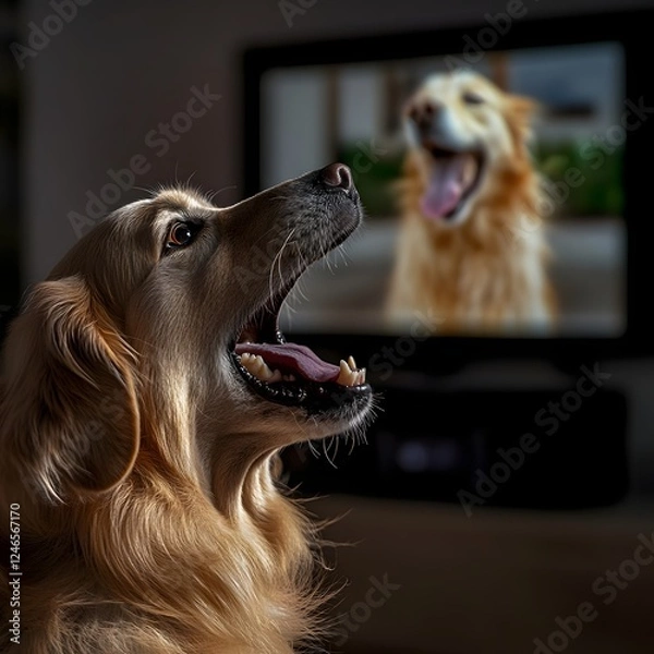 Fototapeta Adorable golden retriever dog sitting on a couch and watching television in a comfortable living room at home. The furry canine appears content and focused.