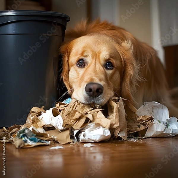 Fototapeta Adorable Golden Retriever Puppy Playfully Shredding Papers and Trash on Wooden Floor at Home. Mischievous and Curious Domestic Pet Dog Making a Mess Indoors.
