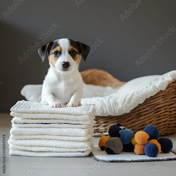Fototapeta Adorable Jack Russell Terrier Puppy Resting on Soft Towels in Wicker Basket with Colorful Toys. Cozy and Comfortable Indoor Studio Shot of Cute Canine Pet.