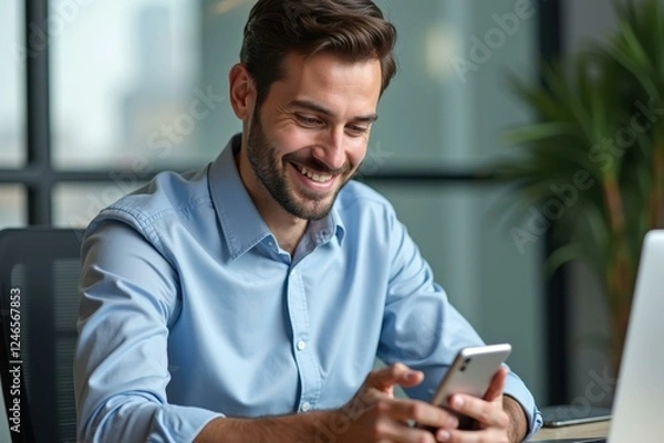 Fototapeta Man is smiling while looking at his cell phone