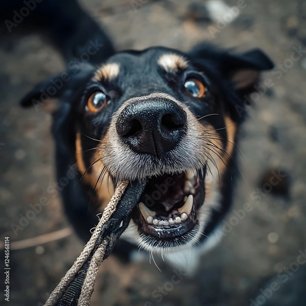 Fototapeta Adorable puppy with a joyful, excited expression looking directly at the in an outdoor natural setting with grass and dirt. 