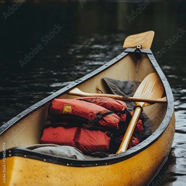 Fototapeta Adventurous Canoe Expedition with Backpacking Gear on Flowing River. Outdoor Adventure and with Camping Equipment and Supplies for Wilderness Travel and Recreation.