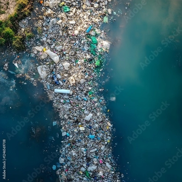 Fototapeta Aerial View of Coastal Pollution Highlighting Environmental Degradation and the Need for Sustainable Solutions to Address the Global Waste Crisis and Protect Fragile Marine Ecosystems.