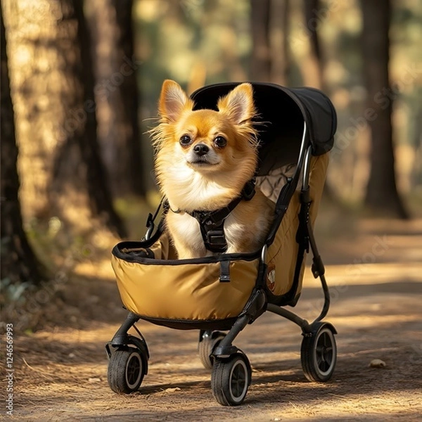 Fototapeta An adorable Chihuahua puppy comfortably nestled in a portable pet stroller, embarking on an outdoor adventure through a lush, serene forest trail. The small.