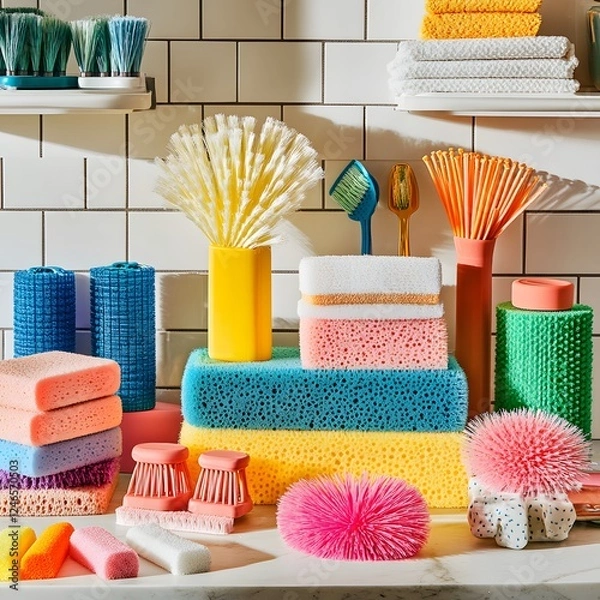Fototapeta An organized and aesthetically pleasing display of various colorful cleaning brushes, sponges, mops, scrubbers, towels, and other household cleaning supplies artfully arranged on shelves.