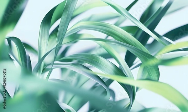 Fototapeta Lush green palm leaves, close-up, bright background, nature backdrop, website design