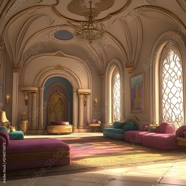 Fototapeta and immersive interior of a grand, historic palace or castle featuring intricate architectural details, ornate furnishings and decor, and a serene, contemplative atmosphere.