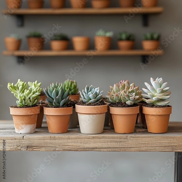 Fototapeta Assorted Succulent Plants in Ceramic Pots Arranged Beautifully on Rustic Wooden Shelves, Creating a Minimalist and Botanical Home Decor Display
