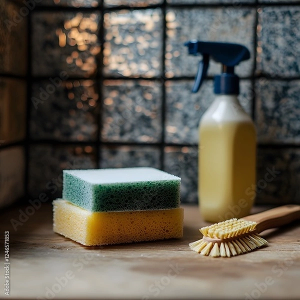 Fototapeta Assortment of cleaning supplies like sponge, scrub brush, and spray bottle on a wooden textured surface, ready for household chores and maintenance.